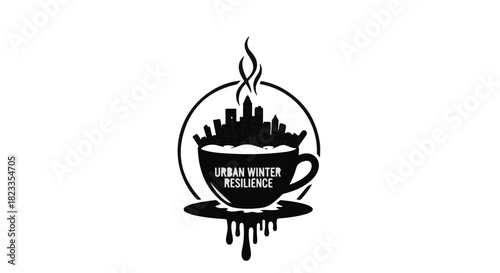 Steaming cup of coffee with city skyline silhouette inside