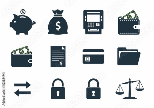 Financial Icons Set Piggy Bank, ATM, Wallet, and More