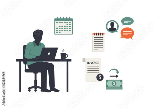 Freelancer Working at Desk with Calendar, Invoice and Communication Icons