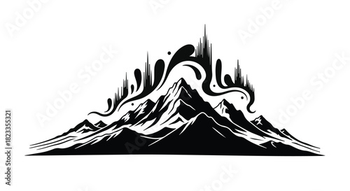 Majestic mountain peaks emerge from swirling dark abstract energy
