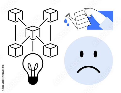 Blockchain concept. Blockchain network linked to innovation and sustainability is illustrated here with cubes, a lightbulb, and an environmental concern symbol. For technology, innovation