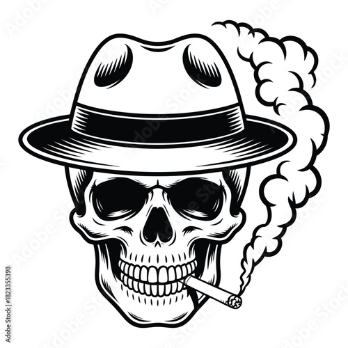 A stylized black and white illustration of a human skull wearing a fedora hat, smoking a cigarette with smoke rising, depicting a cool, vintage, or gangster character