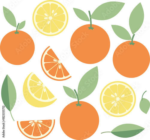 Vibrant Citrus Fruits and Leaves Pattern.