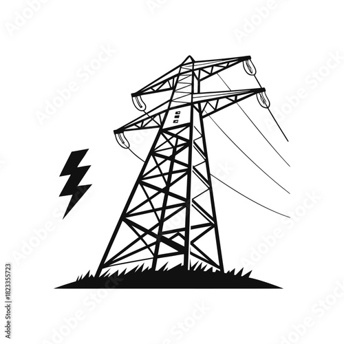Electric power transmission pylon with lightning bolt symbol simple design