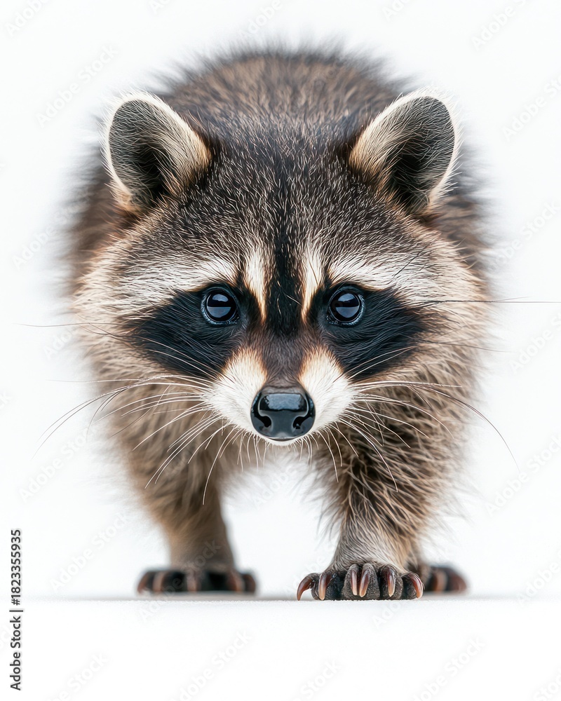 Fototapeta premium Raccoon portrait. Cute face with black mask, fluffy fur on white background