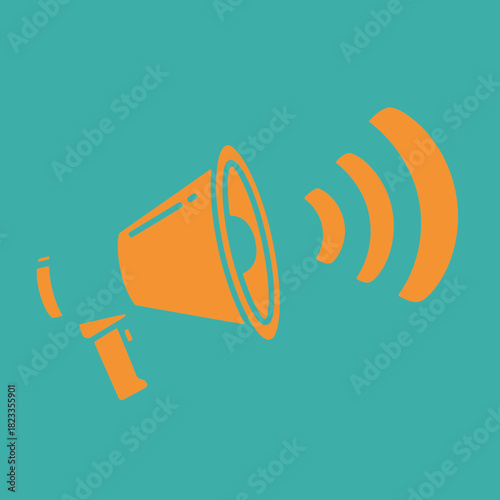 Orange megaphone with sound waves on teal background