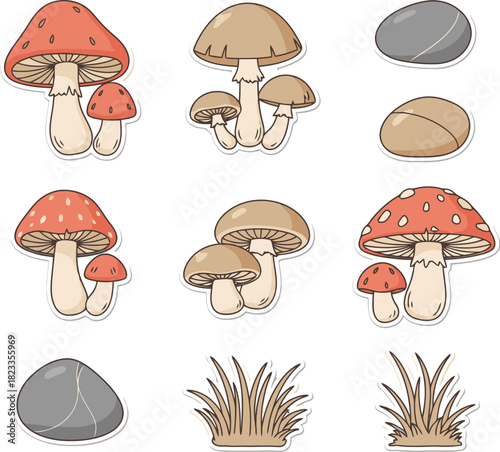 Collection of various cartoon mushrooms rocks and grass elements.