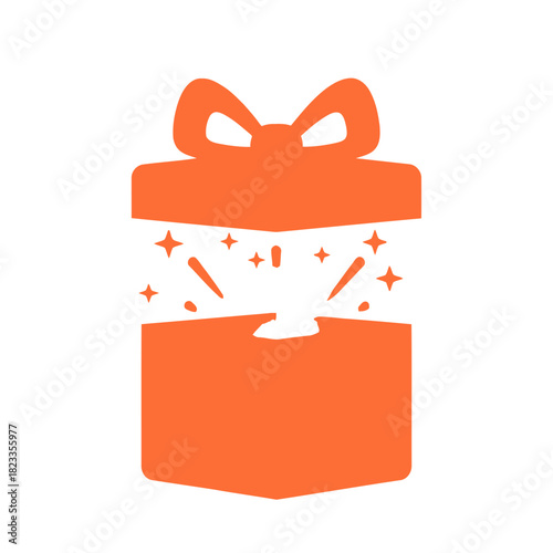 Orange gift box icon with a bow, opening to reveal a magical surprise with sparkles. Vector illustration for celebrations and giving
