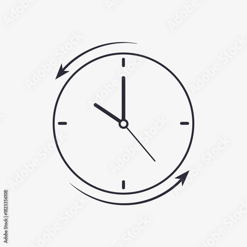 A simple line art icon of a clock with circular arrows, symbolizing the passage of time, duration, and scheduling concepts in a minimalist vector design