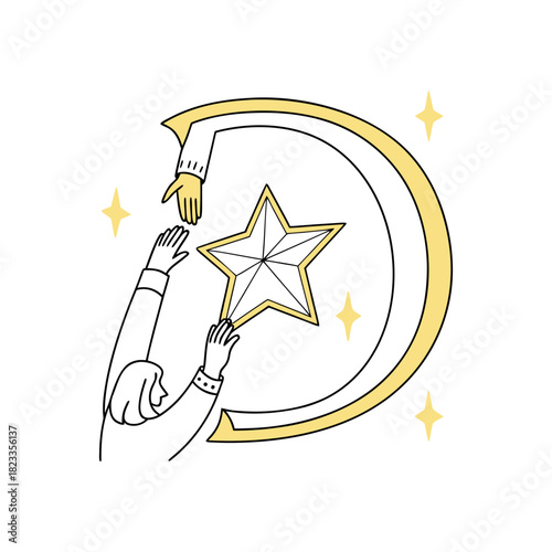 Hands reaching for a shining star inside golden crescent. ambition concept
