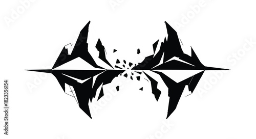 Shattered abstract geometric landscape reflecting on a mirrored surface