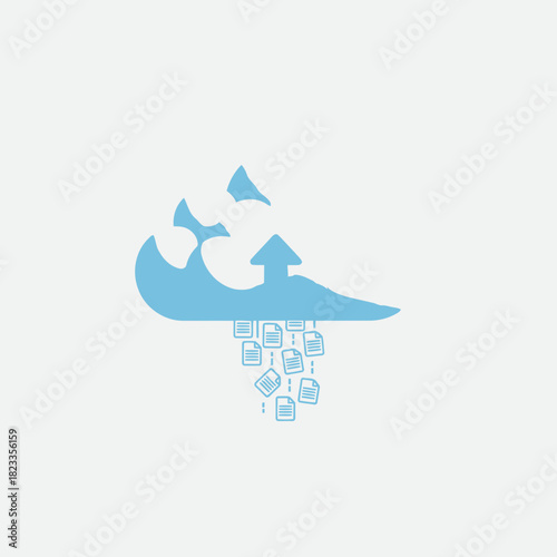 Minimalist blue icon symbolizing cloud storage, with documents downloading and an upload arrow for online data transfer