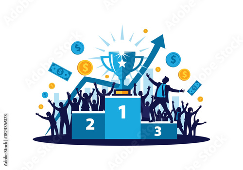 Achievement Celebration People Celebrating a Win with Trophy, Money, and Growing Arrow