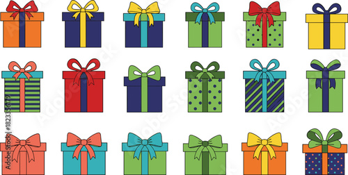 Gift box illustration set, colorful wrapping styles, ribbon designs, festive packaging, celebration theme, decorative present icons, vector artwork
