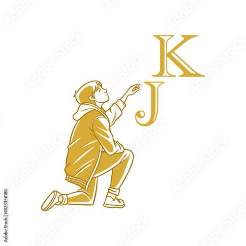 Young man reaching for golden initials k and j, identity concept illustration