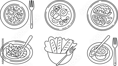Restaurant Food Dishes Line Icon Set: Salads, Plated Meals, and Cutlery