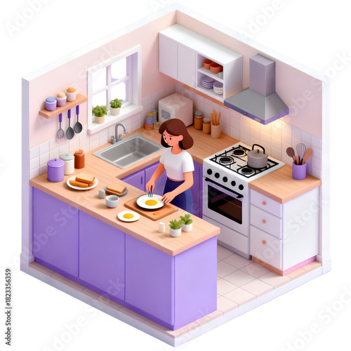 Charming isometric illustration of a woman cooking a fresh breakfast, frying eggs in a cozy, modern kitchen setting, capturing a delightful daily routine