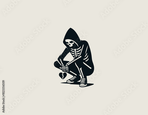 Stylized black vector graphic of a brooding hooded figure with a skeletal face crouching down while holding a distinctively cracked, broken heart in its visible bony hand.