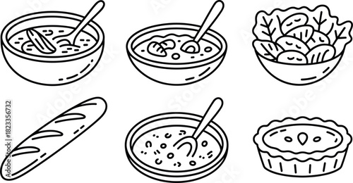Bowls of Soup, Salad, Bread, and Tart Line Art Food Icons Set