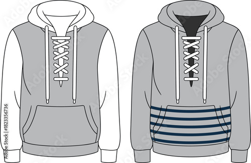 Men's lace up hoodie, fashion flat sketch, hooded sweatshirt vector, technical drawing, kangaroo pocket, drawstring detail, sportswear template, illustration.