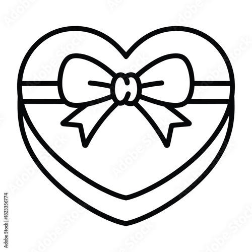 Simple line art drawing of a heartshaped gift box tied with a bow, representing love, affection, and thoughtful gifting for holidays and romantic events