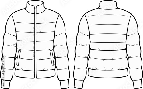 Men's puffer jacket, winter down coat, fashion flat sketch, technical drawing, vector illustration, front and back view, zip up, stand collar, quilted template.