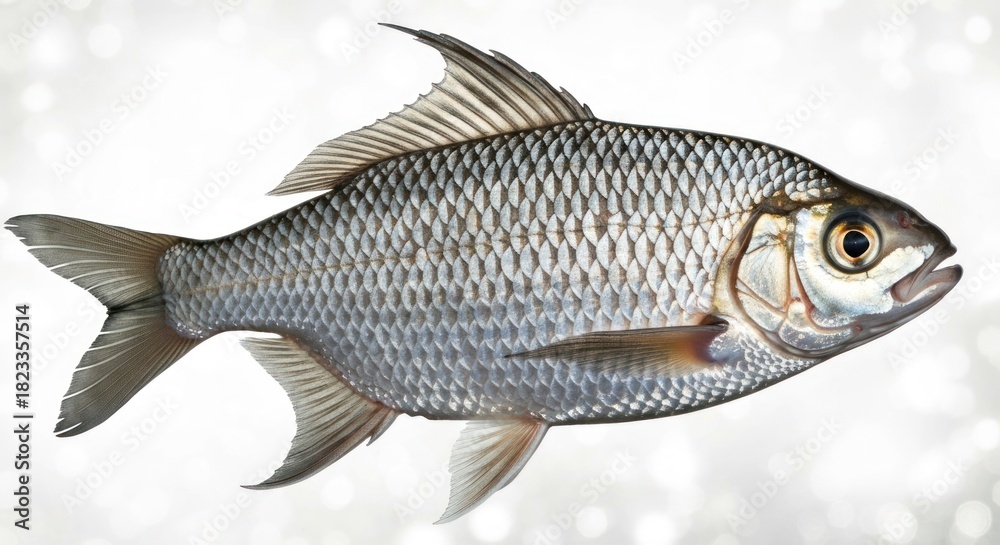 Fototapeta premium Silver-scaled fish swims right; clear fin details, iridescent body, light background