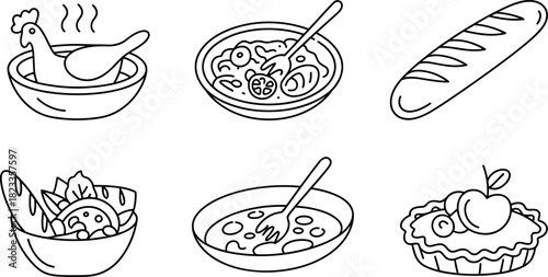 Line Art Food Icon Set: Roasted Bird, Soup Bowls, Baguette, and Fruit Tart