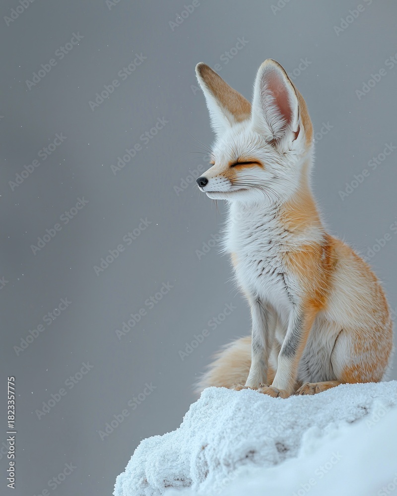 Naklejka premium Small fox with big ears sits on snowy rock, eyes closed, fuzzy fur