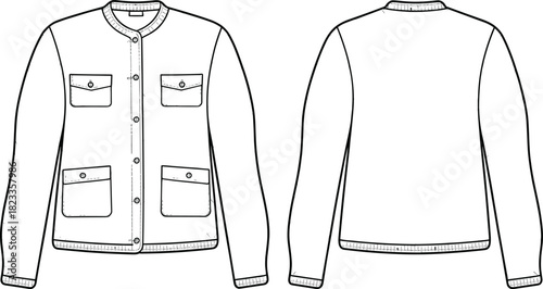 Women's crew neck cardigan jacket technical fashion flat, button front, patch pockets, front and back view, cad drawing flat vector illustration.