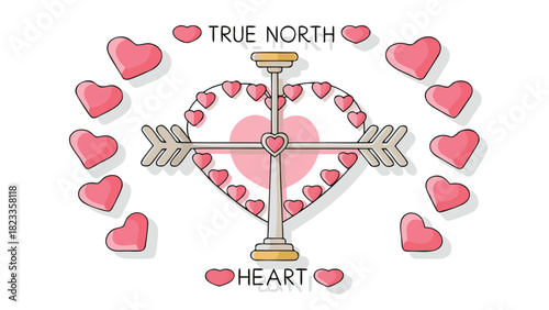 Compass rose formed by an arrow and heart shapes with the words true north and heart