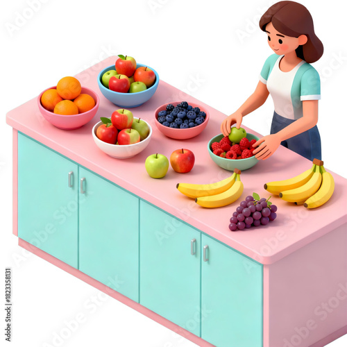 A cheerful woman prepares a vibrant selection of fresh, healthy fruits on a contemporary kitchen countertop, promoting nutritious eating and a balanced lifestyle