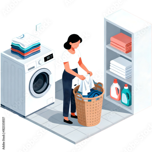 Laundry Day Woman Sorting Clothes with Washing Machine, Laundry Basket, and Cleaning Supplies