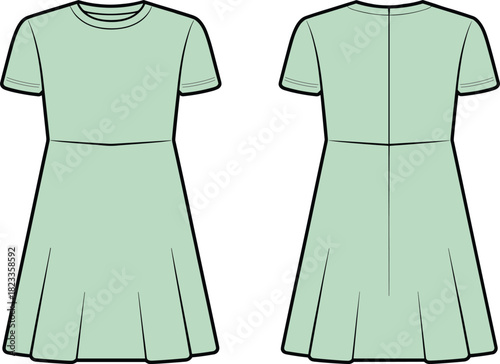 Women's short sleeve skater dress technical fashion flat, waist seam, front and back view, cad drawing flat vector illustration template.