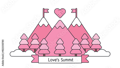 Pink mountain landscape with heart symbol and trees reaching love s summit destination