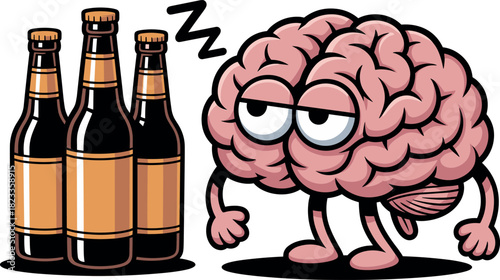 Exhausted Brain Cartoon Character Sleeping Next to Beer Bottles