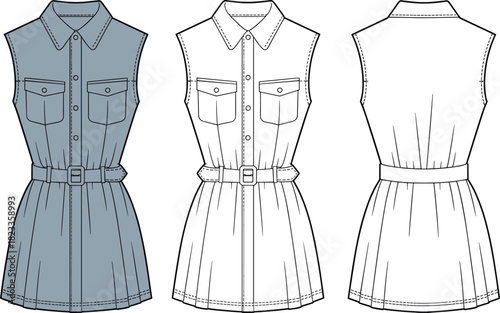 Women's sleeveless safari shirt dress technical fashion flat, belted waist, button down, front and back view, cad drawing flat vector illustration.