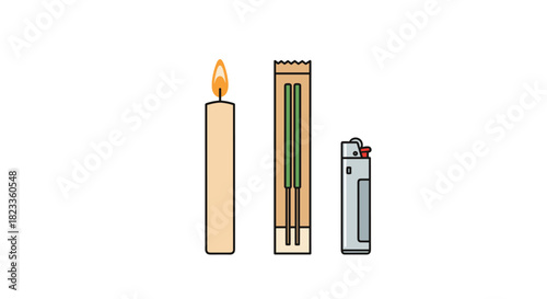 Minimalist vector illustration of a lit candle, a pack of green incense sticks, and a lighter isolated on a white background.
