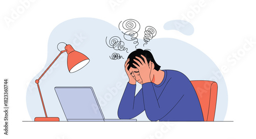 Vector illustration of a stressed and overworked man holding his head at his desk with a laptop, depicting burnout and anxiety.