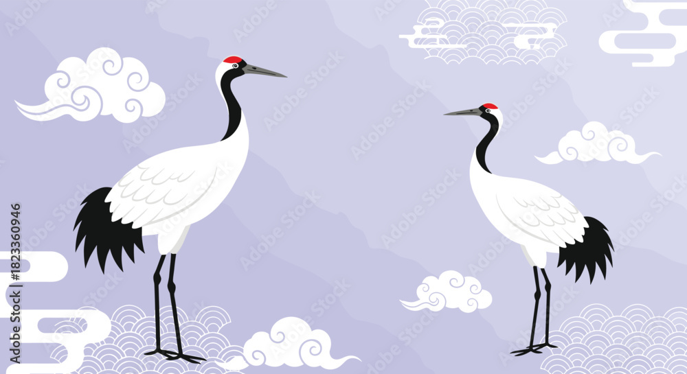 Fototapeta premium Traditional Japanese art style illustration of two red-crowned cranes standing against a purple sky with stylized white clouds.