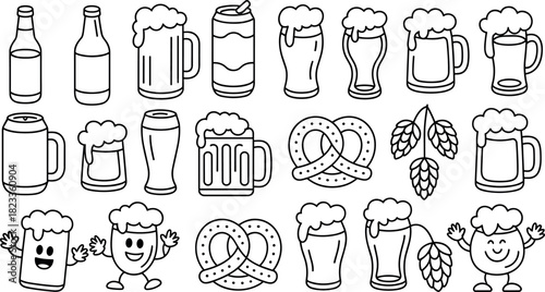 Oktoberfest and Beer Party Line Icon Set: Mugs, Bottles, Pretzels, and Happy Characters