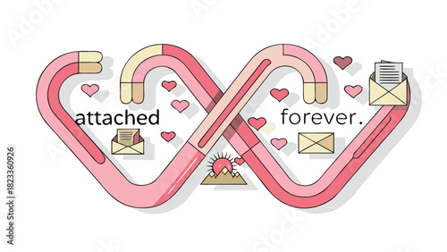 Symbolic representation of everlasting love and connection with hearts envelopes and mountains under a rising sun