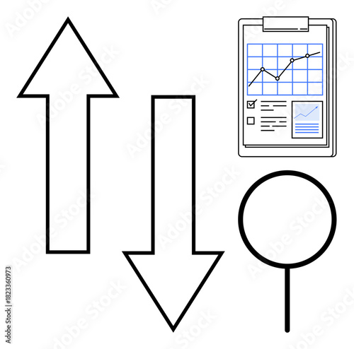 Up and down arrows represent progress and setbacks, clipboard with chart shows analysis, magnifying glass emphasizes scrutiny. Ideal for business, finance, analytics, strategy, success, decisions