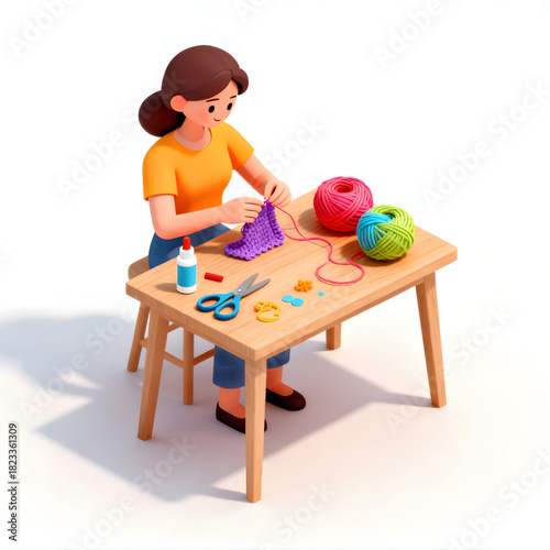 A 3D stylized illustration of a woman sitting at a table, deeply engaged in the creative and relaxing hobby of knitting with colorful yarn and craft supplies