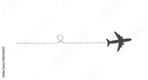 A silhouette of an airplane with a dotted line flight path that includes a whimsical loop, symbolizing travel and adventure.