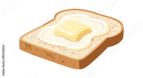 An appetizing isometric illustration of a slice of toasted bread with a square pat of butter melting on top, on a white background.