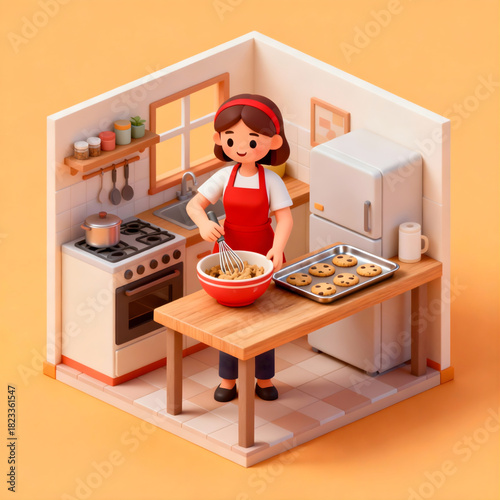 A cheerful cartoon woman wearing an apron is baking cookies in a cozy isometric kitchen setting