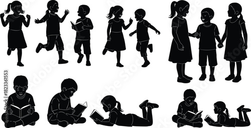 Children activity silhouette set, reading, running, talking, interacting, black on white, educational and social icon