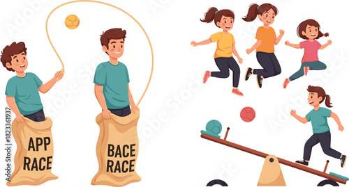 Children outdoor games illustration, sack race, seesaw jump, playful activity, cartoon style, physical development scene