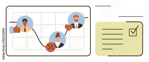 Graph shows user emotions with icons for satisfaction, dissatisfaction, and love checklist for results tracking. Ideal for customer evaluation, feedback, performance, survey, analytics, satisfaction